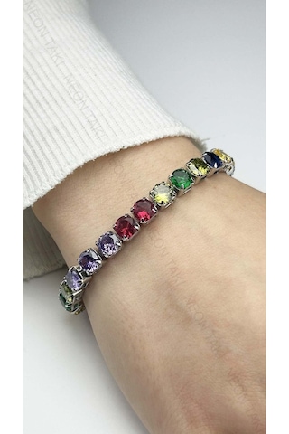Bileklik 40, Su Yolu, Çok Renkli Zirkon Taşlı, Zincir Bileklik, Gümüş Renk Gümüş