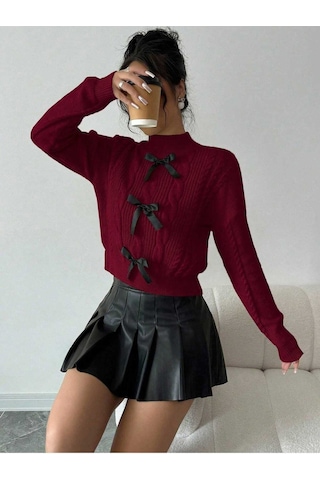 Sayzen Your Shine Örgülü Fiyonk Detaylı Triko Kazak Sy-2501-kzk Bordo