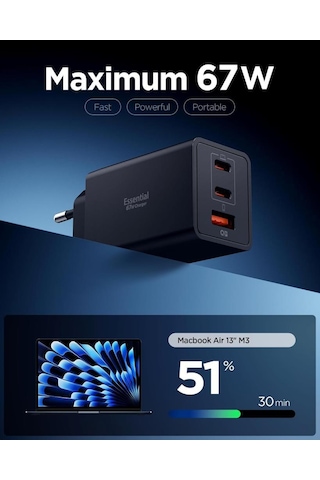 Spigen 67w Usb-c + Usb-a 3 Port Hızlı Şarj Aleti Samsung Pps 2.0 Isı Düşüren Gan Pro Akım Korumalı Pd 3.0 / Scp / Fcp Protokol Güç Adaptörü İphone & Android & İpad & Macbook Type-c Black