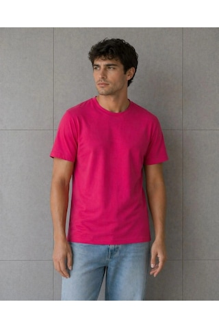 Freedom Storee Erkek Basic Pamuklu Tişört Bisiklet Yaka Düz Renk Regular Fit T-shirt - Fuşya Çok Renkli