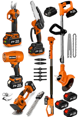 Steiner Şarjlı Hava Üfleme + Çim Biçme + Dal Budama Makas + Testere + Çit Budama + Teleskop Bahçe Seti T6101