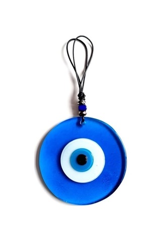 Nazar Boncuklu El Yapımı Deri İpli Açık Mavi Şeffaf Cam Duvar Süsü