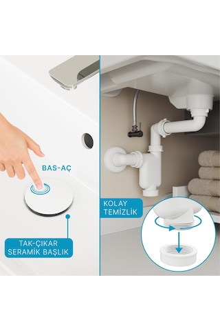 Aqua Bagno Comfort Yer Kazandıran Lavabo Sifonu + Pop-up Sifon, Beyaz Seramik Başlıklı ,taşma Delikli, 1 -1/4 Beyaz