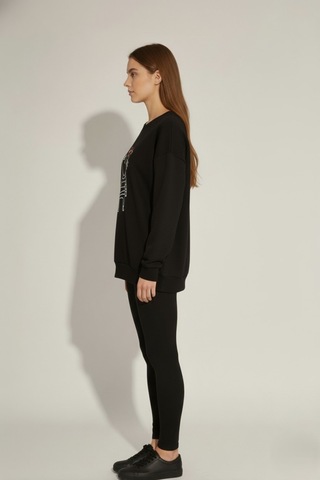 The Kadın Kedi Nakışlı Sweatshirt Rahat Kalıp 3 İplik Şardonsuz, Siyah & Gri Melanj Siyah