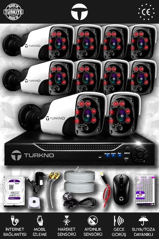 Turkno 10 Kameralı Pania 10 Dış Kamera Set 1 TB HDD Full HD Gece Görüşlü Güvenlik Kamerası Sistemi