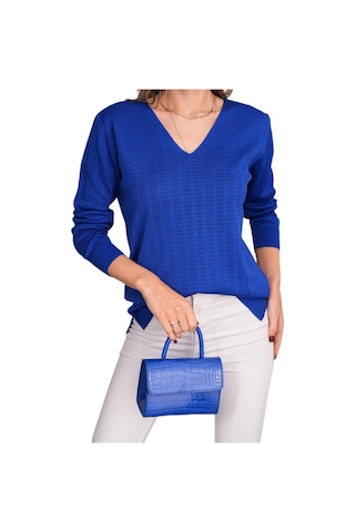 Kadın V Yaka Simli Kazak 12809 Bgl-st04106 Saks Mavi