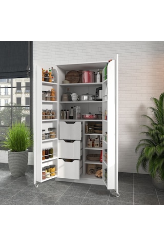 90 Derece Açılabilir 2 Kapaklı, 3 Çekmeceli, Kavanoz Raflı Kiler Ve Erzak Mutfak Dolabı Beyaz