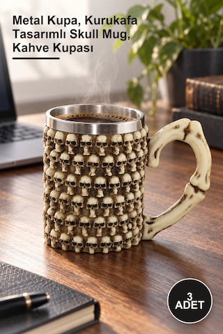 3 Adet Paslanmaz Çelik Kurukafa Kupa Bardak Metal Kupa, Kurukafa Tasarımlı Skull Mug, Kahve Kupası