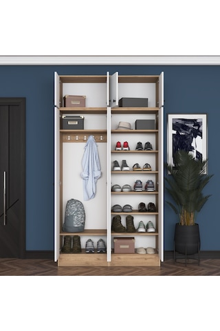 Rani Ea146 Modern Portmanto 8 Kapaklı Raflı Askılı Ayakkabılık Vestiyer Sepet Ceviz - Beyaz