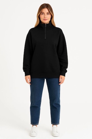 Mbb E-ticaret Kadın 3 İplik Pamuklu Dık Yaka Yarım Fermuarlı Sweatshirt - Siyah