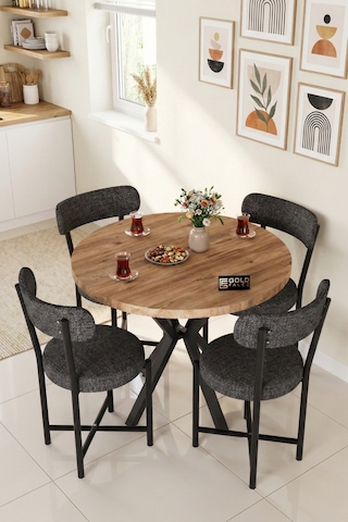 Mutfak Masası 4 Sandalyeli Set 90 Çap Yuvarlak Cafe Balkon Ofis Masa Yemek Takımı Teddy 9861 Antrast Çok Renkli