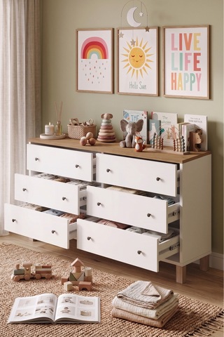 Yurudesign Noren Geniş Şifonyer 6 Çekmeceli Ahşap Ayaklı Bebek Ve Çocuk Odası Sepet-beyaz Nr2-sw
