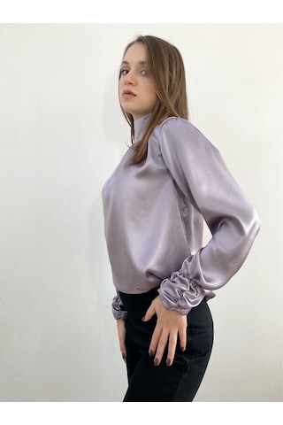 Mois Atelier Gül Kurusu - Gri Saten Bluz, Tasarım, Hediye, Büyük Beden, Tesettür Gri