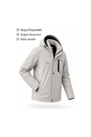 Oksit Tuc 2034 İçi Polar/kürk Astarlı Su İtici Termal Softshell Erkek Mont - Soğuk Geçirmez Spor Kaban Büyük Beden Erkek Mont Taş Rengi