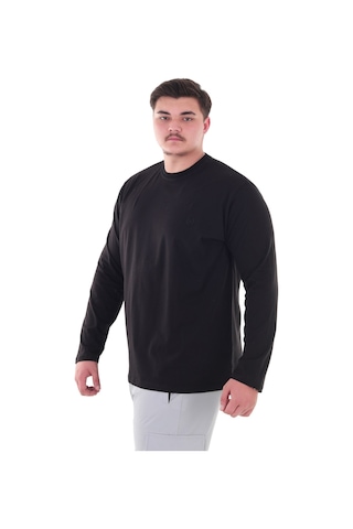 Erkek 115-155 Kilo Arası İçin Uygun Uzun Kol Bisiklet Yaka Mevsimlik Düz Renk İnce Sweatshirt Siyah