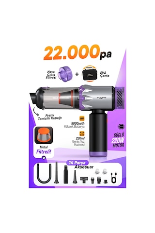 Matt Mcv22 Şarjlı Araç Süpürgesi Mor 22.000pa Güçlü Vakumlu Mini El Süpürgesi Type-c Şarjlı 220ml