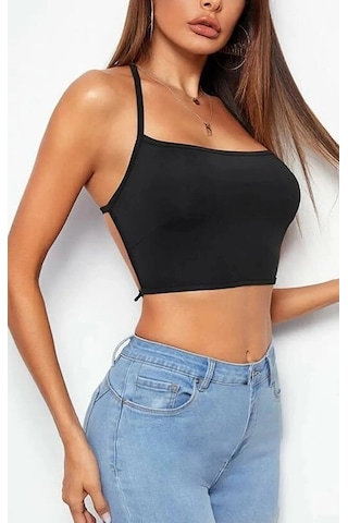 Liona Kadın Düz Yaka Sırt Açık Siyah Super Crop Top Bluz 001