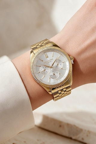 Lee Cooper Altın Sarısı Çelik Bilezik 34 Mm Yuvarlak Kadın Kol Saati, Taşlı Bileklik Hediyeli Gold
