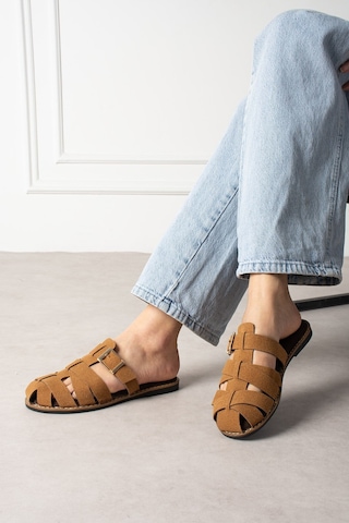 Shoetek Laverya Kadın Terlik Bantlı Tokalı Taba Süet