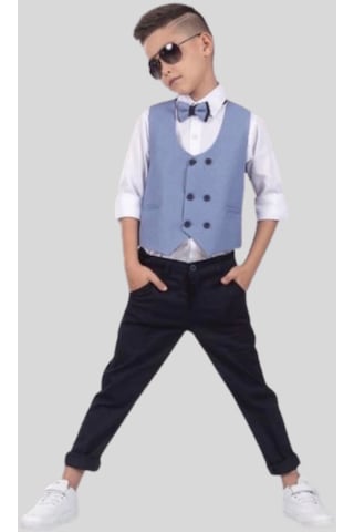 Yelekli Papyonlu 6 Düğme Çocuk Takım Elbise Mavi