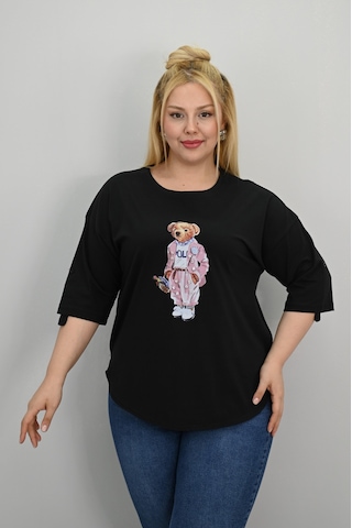 Koza Butik Kadın Büyük Beden Kısa Kollu Taş Detaylı Ayı Baskılı Oversize T-shirt 1926-25 siyah