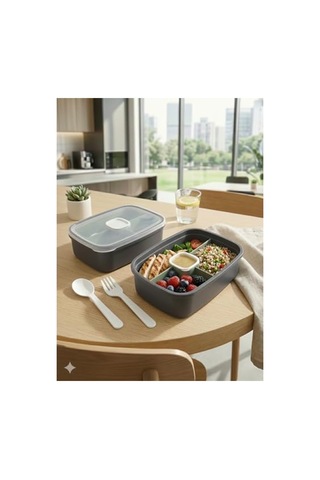 3 Bölmeli Sızdırmaz Lunch Box, Bpa İçermeyen Yemek Kabı, Gri Renk