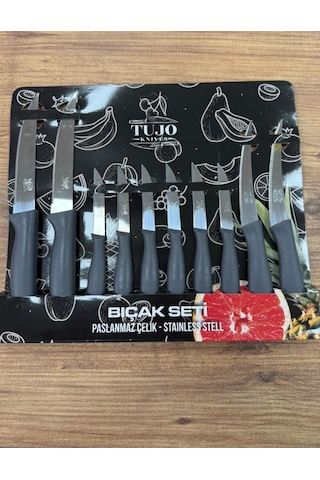 10 Lu Lazer Kesim Tırtıklı Bıçak Seti, 2 Adet Ekmek Bıçağı, 2 Adet Sebze Bıçağı, 6 Adet Meyve Bıçağı Gri
