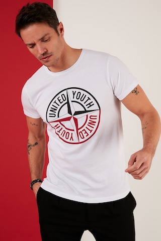 Buratti Baskılı Bisiklet Yaka Pamuklu Slim Fit Erkek T Shirt 541Pusula Beyaz
