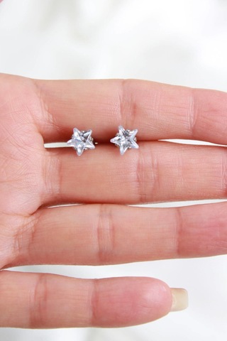 Niki Aksesuar Çelik Yıldız Küpe - Gümüş Renk Zirkon Taşlı Büyük Boy Gümüş