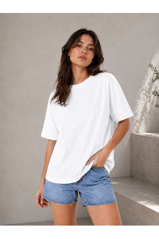 Polymood Kadın Oversize %100 Organik Pamuk Yakası Ribanalı T-shirt Beyaz