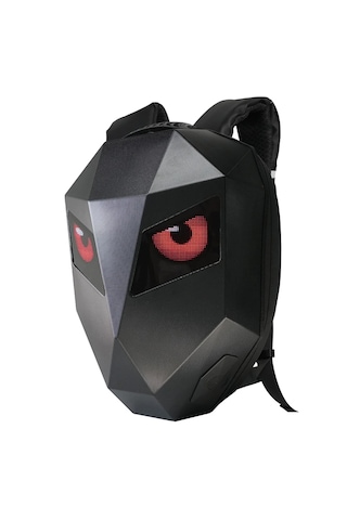 Led Kırmızı Göz Maskeli Akıllı Sırt Çantası - Sert Kasa, Usb Şarj Girişli Teknolojik Çanta Siyah