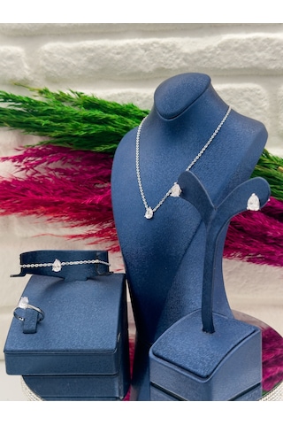 925 Ayar Gümüş Özel Tasarım 4 Lü Damla Modeli Lüks Kadın Takı Seti Gümüş