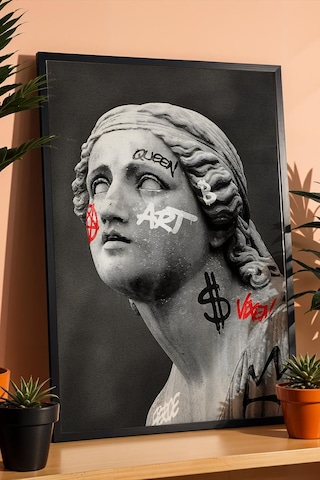 Modern Grafiti Klasik Heykel Çerçeveli Tablo Kripto Ve Finans Dünyası Ofis Dekoru Modifiye Sanat