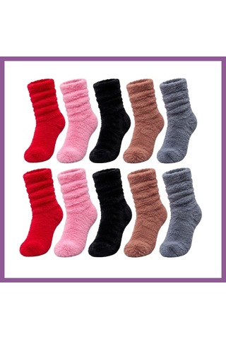 Ren.ga.renk Kadın Peluş Ev Çorabı 10'lu Set Yumuşacık Tüylü Büzgülü Kışlık Çorap Kırmızı Pembe Siyah Kahve Gri Renk: Çok Renkli Beden: 36-40 Adet: 10 Rengaren