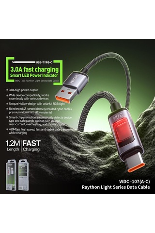Wk Wdc-107 3a Akıllı Dijital Ekran Usb Tip-c Hızlı Şarj Veri Kablosu, Uzunluk: 1.2m Siyah