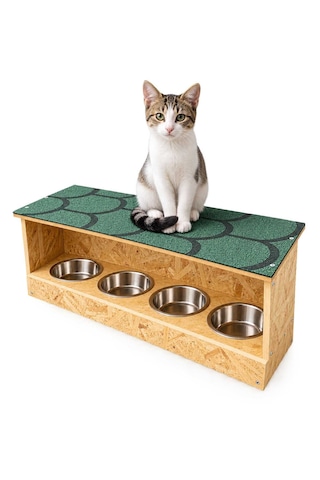 Reyo Narım Kurulu Gönderim 4 Bölmeli Ahşap Büyük Boy Kedi Mama Ve Su Kabı Seti 90x36 Cm Su Yalıtımlı Çatılı, Çelik Kaseli Lüks Kedi Mamalığı