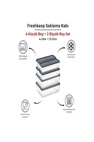 6 Adet Saklama Kabı 2 Büyük-4 Orta Boy 4 Litre + 1,3 Litre Derin Dondurucu Mikrodalga Uyumlu Gri