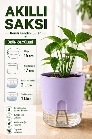 Akıllı Saksı Kendinden Sulamalı Fitilli Modern Dekoratif Saksı 2 Litre 06577596