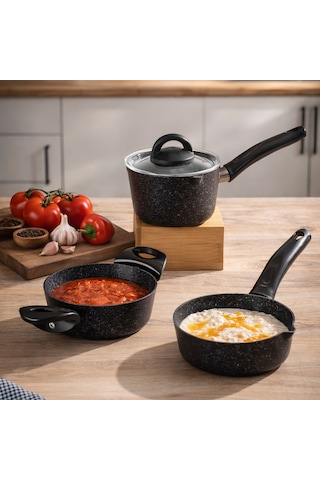Porsima 4398 4 Parça Kaçerola Sosluk Sütlük Mini Granit Tencere Sahan Seti Siyah 14cm siyah