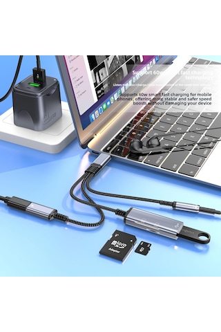 Cr63 Type-c 5in1 Çok Fonksiyonlu Otg Hub 60w Pd Hızlı Şarj, 3.5mm Kulaklık Girişi, Sd & Micro Sd Kart Okuyucu Ve Usb 2.0 Adaptör