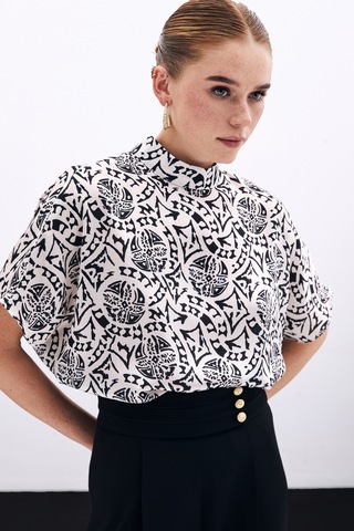 Sateen Kısa Kol Desenli Bluz - Ekru-135900 Ekru