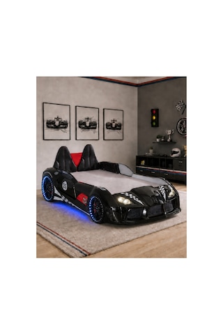 Setay Arabalı Yatak, Raceing Car V8 Full Ledli Koltuklu Arabalı Yatak - Siyah 100x190