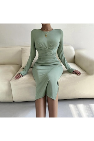 Hnxc Kadın Moda Yaz Bahar Düz Renk Baskı Uzun Kollu O-boyun Yüksek Bel Günlük Elbiseler Açık Yeşil