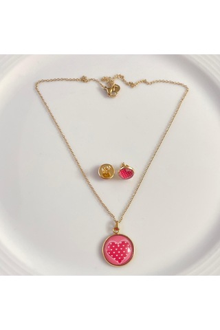 316l Çelik Pembe Kalp Figürlü Kolye Küpe Hediyelik Set