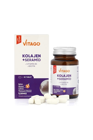 Vitago Premium Hidrolize Kolajen Seramid ve Biotin İçeren Takviye Edici Gıda 30 Tablet