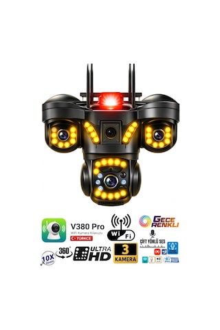 V380 Pro 3 Kamera 10x Zoom 4k Ptz Ip Sesli Sirenli Wifi Akıllı Güvenlik Kamera 3+3+3 Mp