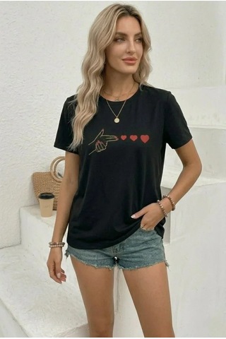 Efnaz Style Minimal Kalp İşaret Baskılı Tişört Kısa Kol Yazlık T-shirt - Siyah