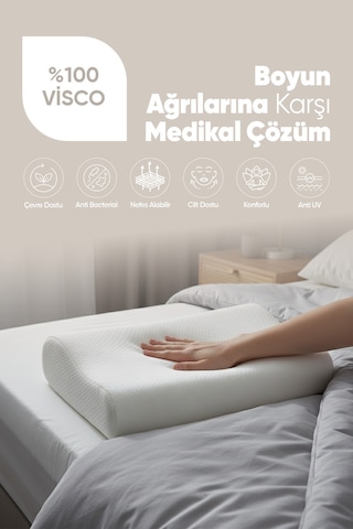 Çift Taraflı Visko Boyun Destek Yastığı - Ortopedik Anti Stres Visco Yastık - Süper Soft Beyaz