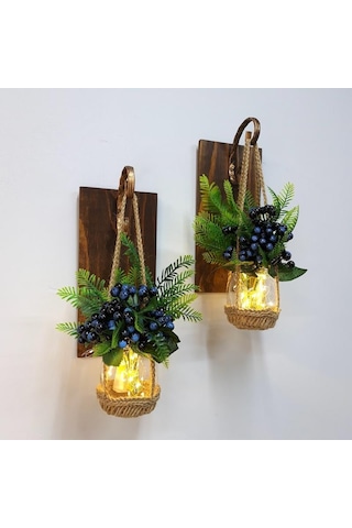 Duvar Dekoru, Led Işıklı, Mavi Kokina Çiçekli, Ceviz Aplik İkili Set