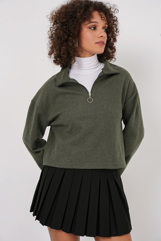 Bigdart 55449 Fermuarlı Yaka Örme Sweatshirt - Haki